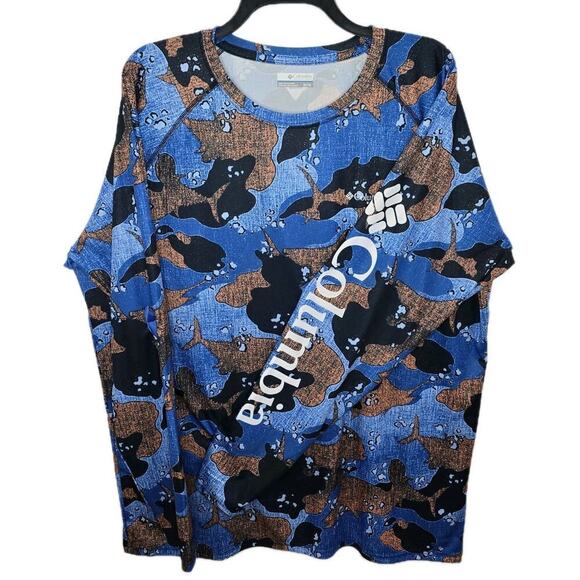 Columbia Men's PFG T-Shirt Long Sleeve Gamefish Camouflage Blue Size XL/ TG - Picture 1 of 10